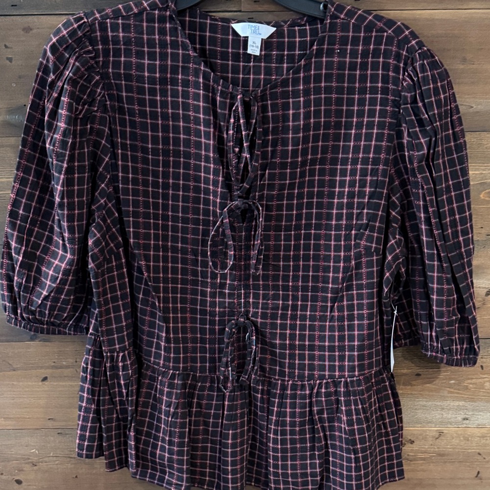 Time and Tru Black and Red gingham Top with  Grid Tie-Front Peplum
